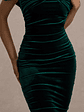 Gratitude | Bottle Green Velvet Off The Shoulder Ruched Midi Dress - thumbnail 6