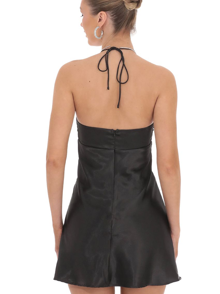 Flower Satin Halter Dress in Black 2