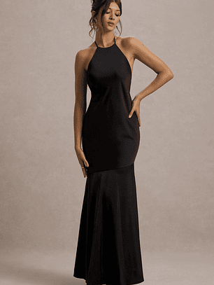 Frida | Black Satin Halter-Neck Backless Maxi Dress