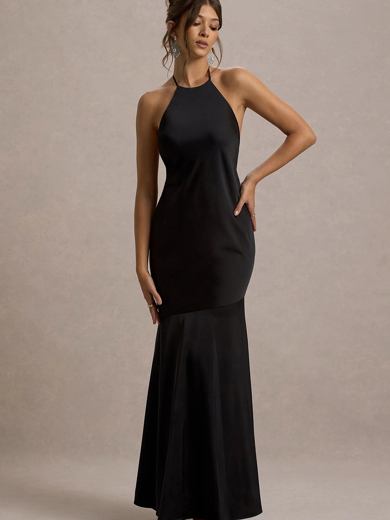 Frida | Black Satin Halter-Neck Backless Maxi Dress 1