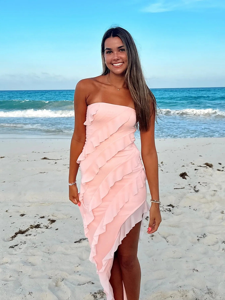 Gabby Formal Mesh Strapless Ruffle Long Dress 12