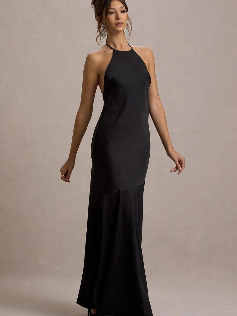 Frida | Black Satin Halter-Neck Backless Maxi Dress 4
