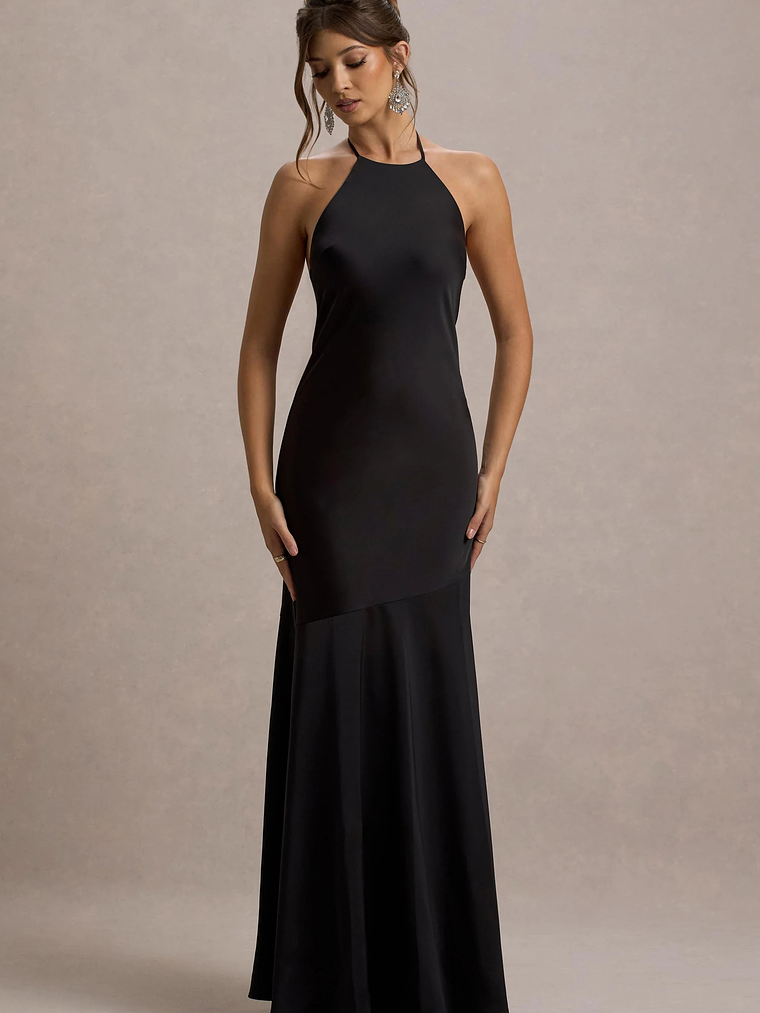 Frida | Black Satin Halter-Neck Backless Maxi Dress 6