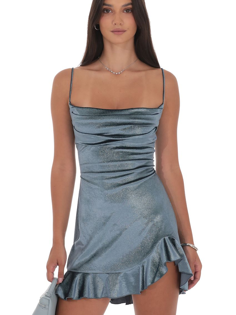 Foil Velvet Ruffled Slit Dress in Blue 1