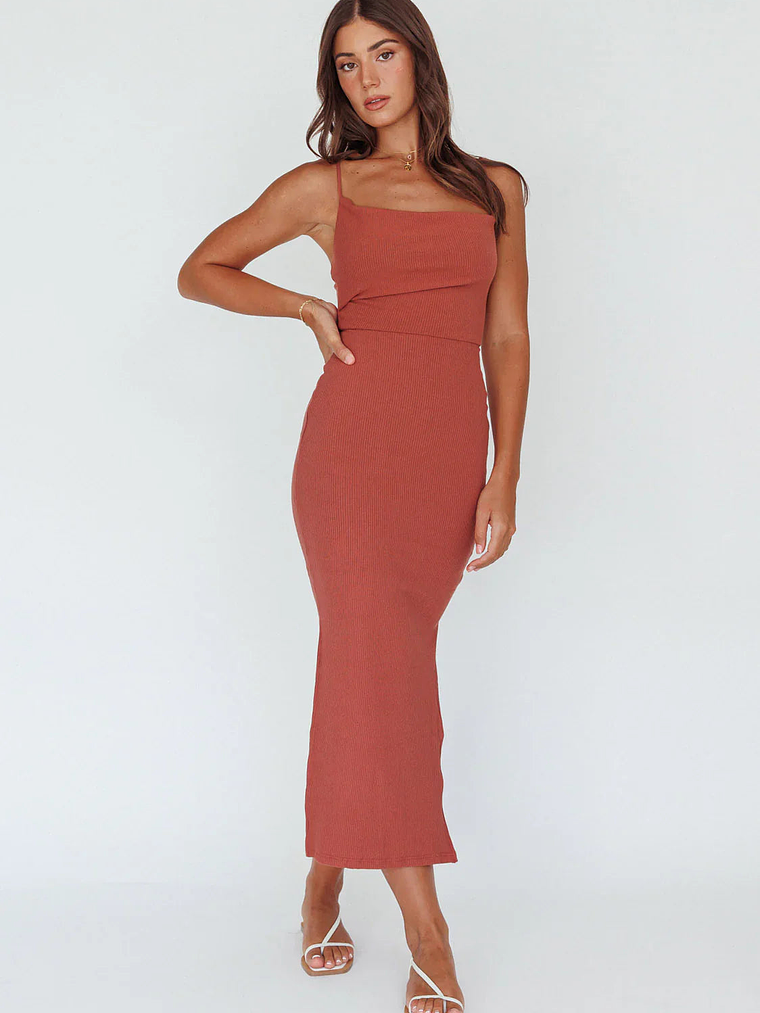 Frieda Cowl Neck Side Split Ribbed Midi Dress Rust 6