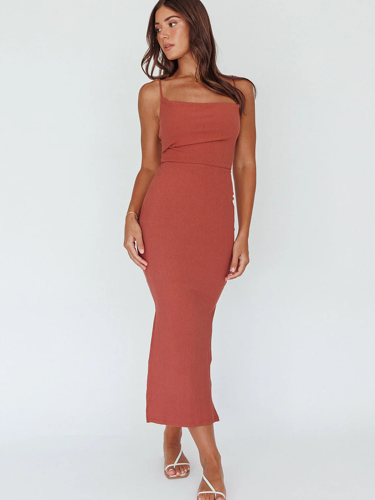 Frieda Cowl Neck Side Split Ribbed Midi Dress Rust 7