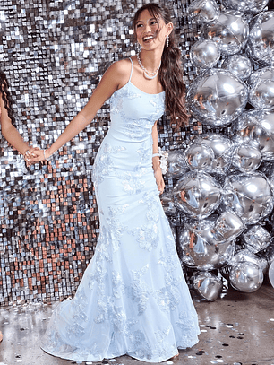 Gabi Lace-Up Floral Trim Mermaid Formal Dress