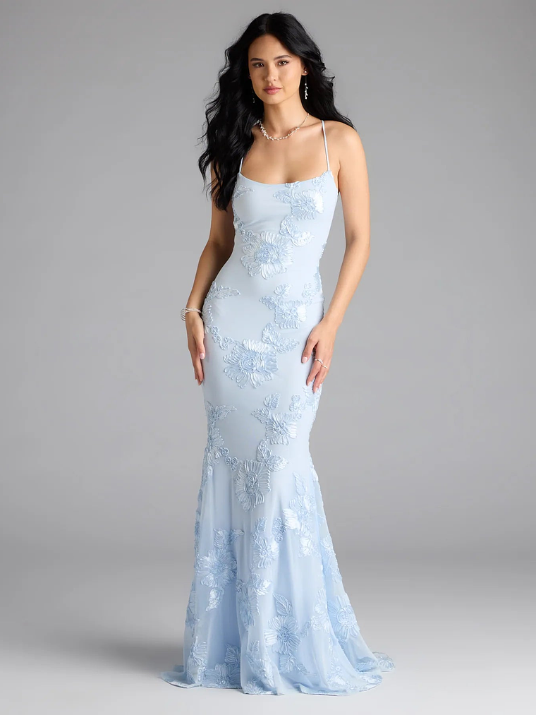 Gabi Lace-Up Floral Trim Mermaid Formal Dress 2