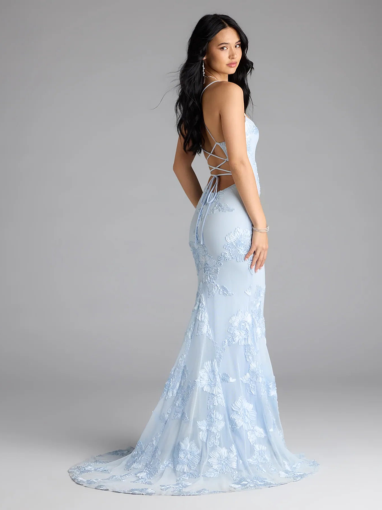 Gabi Lace-Up Floral Trim Mermaid Formal Dress 3