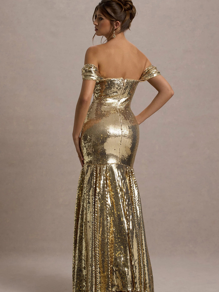 Guest Of Honour | Gold Sequin Bardot Maxi Dress 2