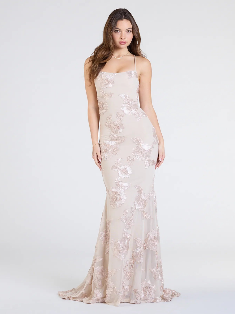 Gabi Lace-Up Floral Trim Mermaid Formal Dress 12