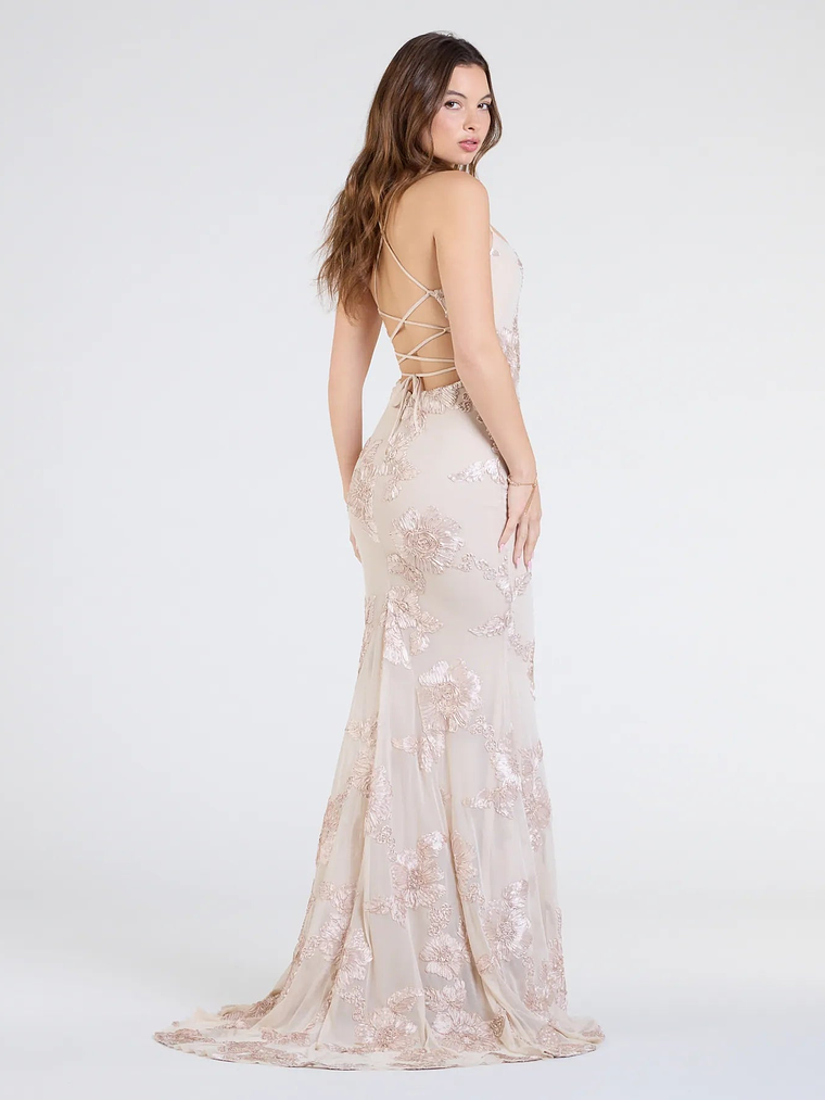 Gabi Lace-Up Floral Trim Mermaid Formal Dress 13