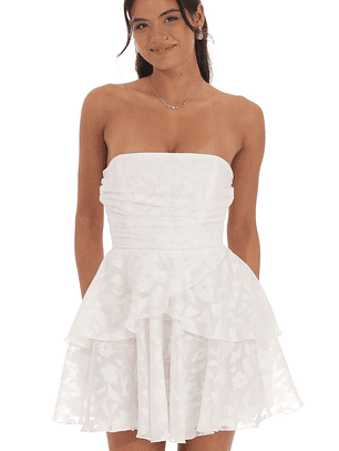 Floral Corset Strapless Ruffle Dress in White