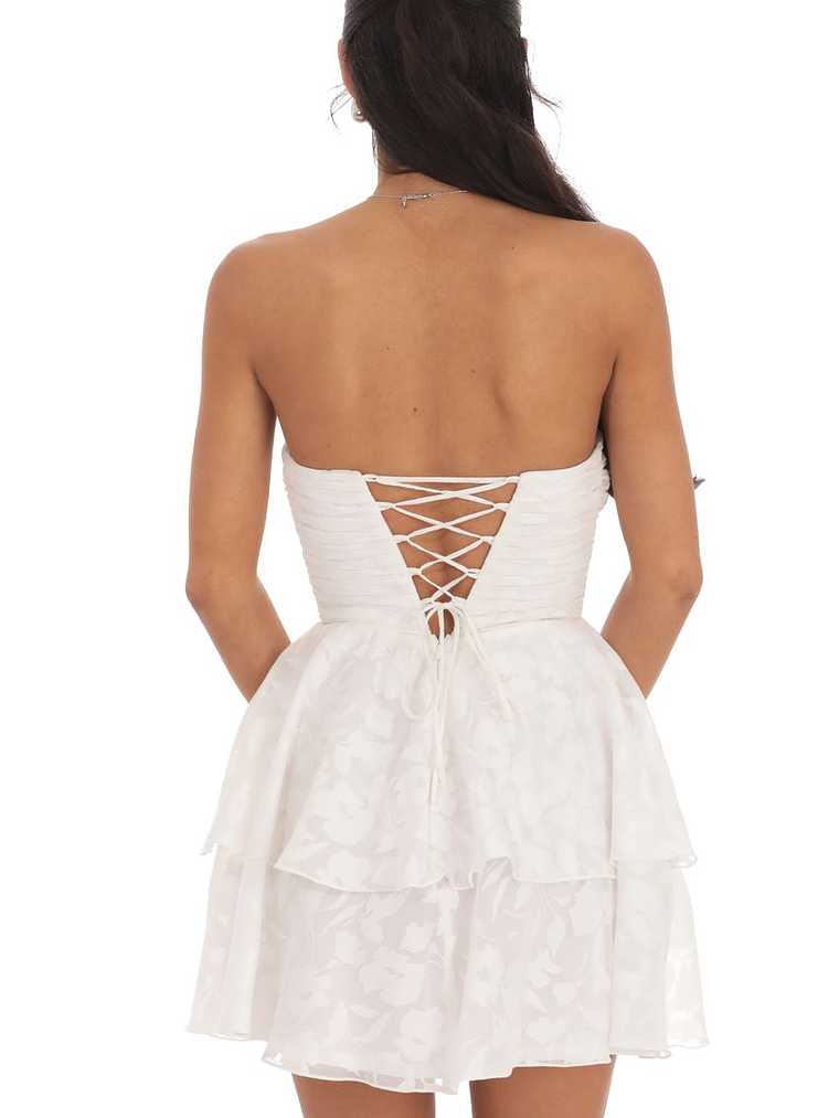 Floral Corset Strapless Ruffle Dress in White 2