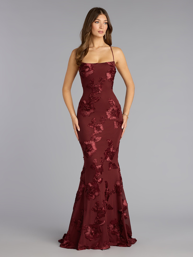 Gabi Lace-Up Floral Trim Mermaid Formal Dress 17