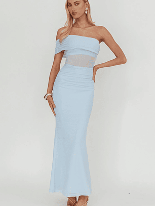 Gala One-Shoulder Sheer Waist Maxi Dress Blue