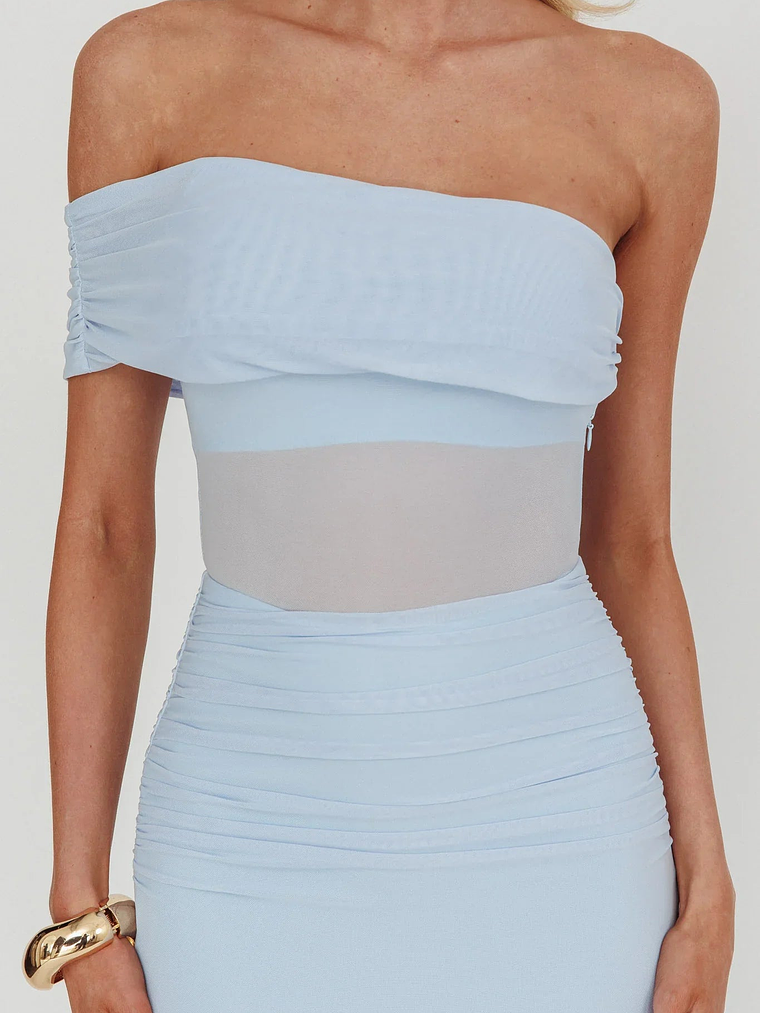 Gala One-Shoulder Sheer Waist Maxi Dress Blue 3