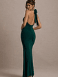 Glamour | Bottle Green Backless V Plunge Halter Neck Maxi Dress With Side Split - thumbnail 2