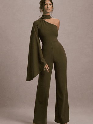 Fenix | Khaki Asymmetric Cape-Sleeve Straight-Leg Jumpsuit