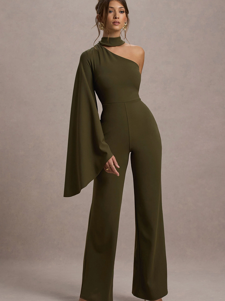 Fenix | Khaki Asymmetric Cape-Sleeve Straight-Leg Jumpsuit 1