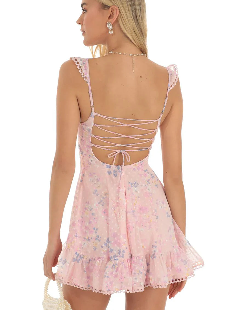 Floral Dotted A-Line Dress in Pink 2