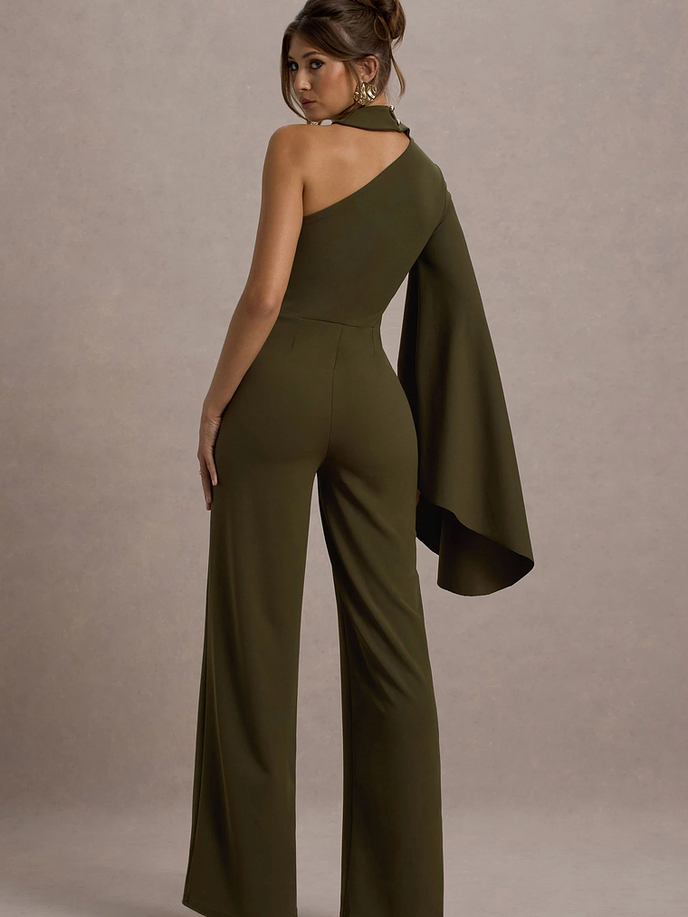 Fenix | Khaki Asymmetric Cape-Sleeve Straight-Leg Jumpsuit 2
