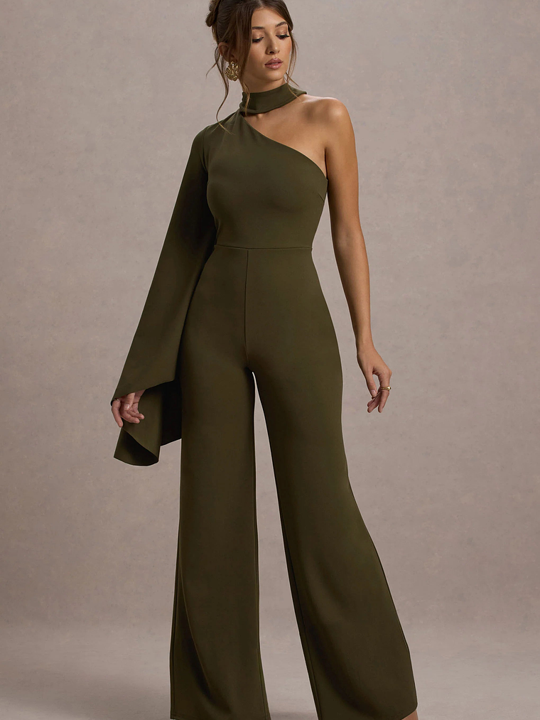 Fenix | Khaki Asymmetric Cape-Sleeve Straight-Leg Jumpsuit 3
