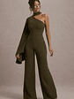 Fenix | Khaki Asymmetric Cape-Sleeve Straight-Leg Jumpsuit - thumbnail 3