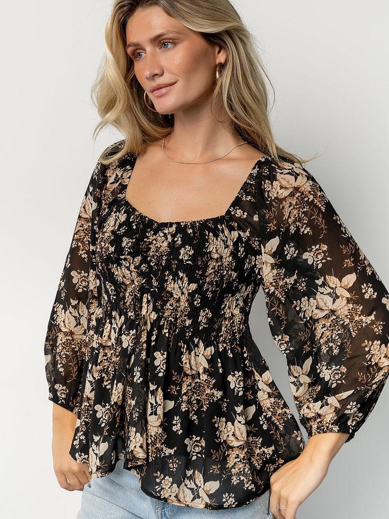 Fenna Smocked Top | Black Floral 2