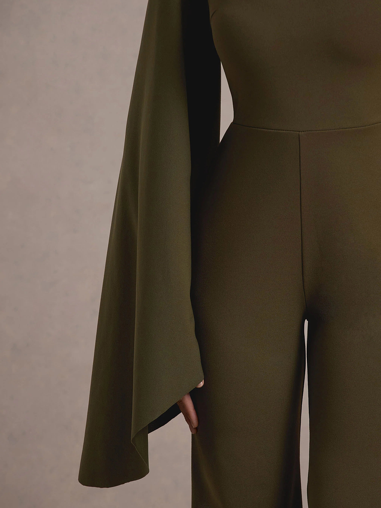 Fenix | Khaki Asymmetric Cape-Sleeve Straight-Leg Jumpsuit 5