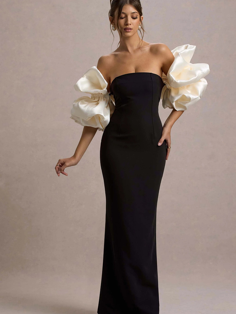 Evermore | Black & Cream Puff-Sleeve Maxi Dress 1