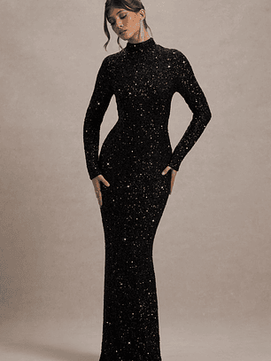 Galaxy | Black Sequin Turtle-Neck Long-Sleeve Maxi Dress