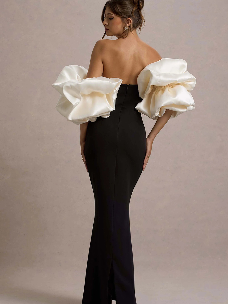 Evermore | Black & Cream Puff-Sleeve Maxi Dress 2