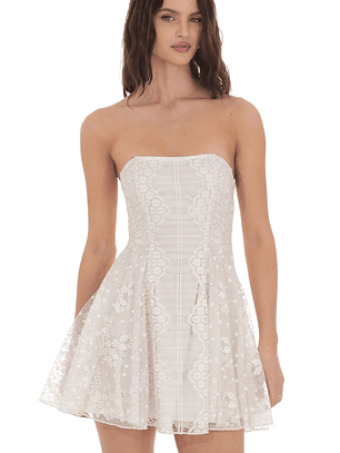 Gold Thread Strapless Fit and Flare Dress in Ivory