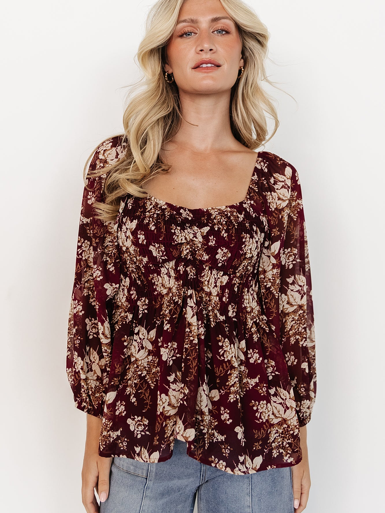 Fenna Smocked Top | Burgundy Floral 1