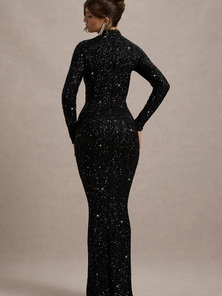 Galaxy | Black Sequin Turtle-Neck Long-Sleeve Maxi Dress 2