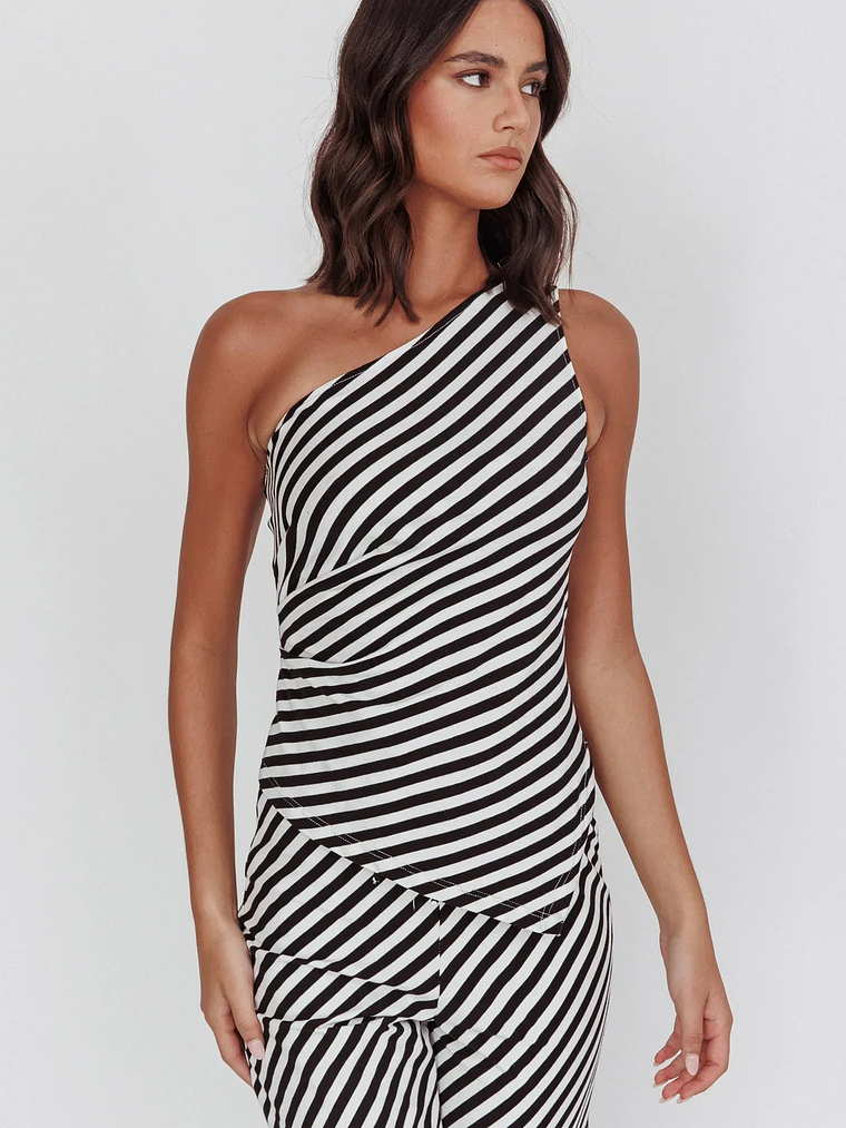 Golden Beach One-Shoulder Asymmetric Top Black Stripe 1