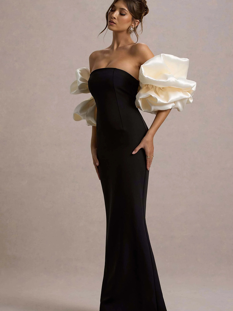 Evermore | Black & Cream Puff-Sleeve Maxi Dress 5