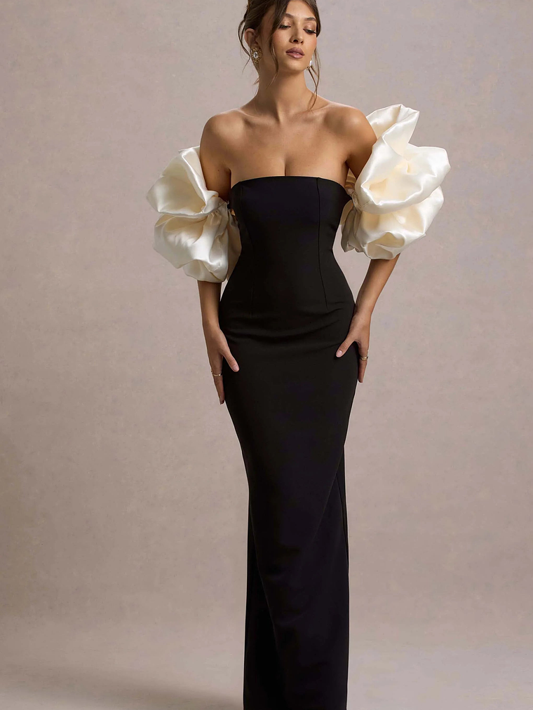 Evermore | Black & Cream Puff-Sleeve Maxi Dress 6