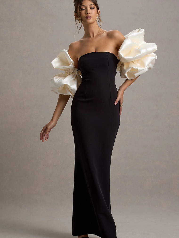 Evermore | Black & Cream Puff-Sleeve Maxi Dress 8