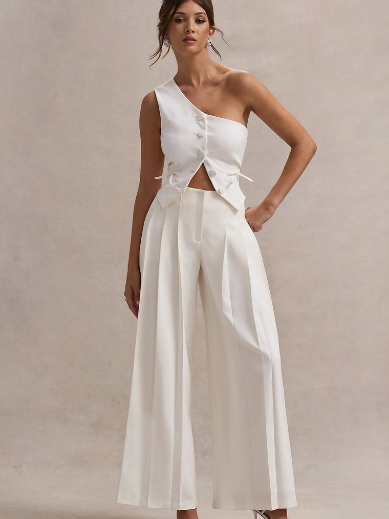 Galilea | Cream Pleated Wide-Leg Trousers 7