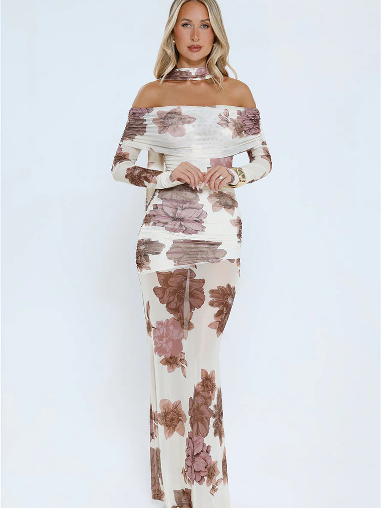 Garden Haze Off Shoulder Mesh Maxi Dress Floral 1