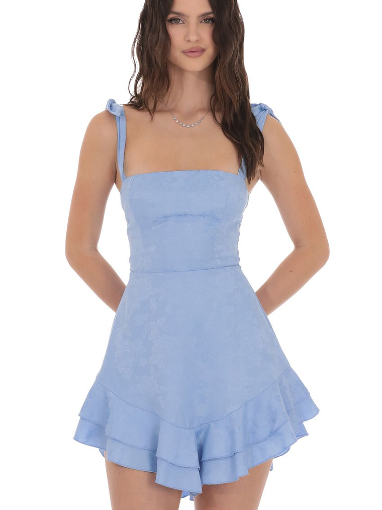 Floral Jacquard Ruffle A-line Dress in Light Blue 1