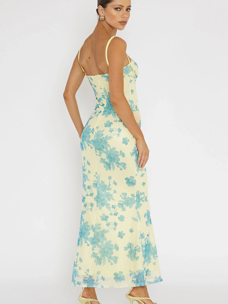 Fortune Lace Trim Mesh Midi Dress Yellow 3