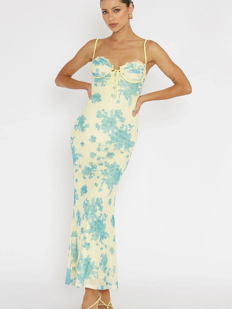 Fortune Lace Trim Mesh Midi Dress Yellow 4