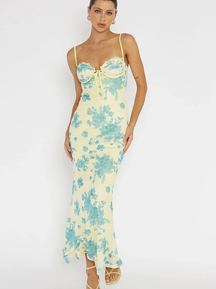 Fortune Lace Trim Mesh Midi Dress Yellow 6