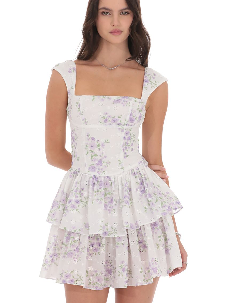 Floral Ruffle Cap Sleeve Dress in White 1