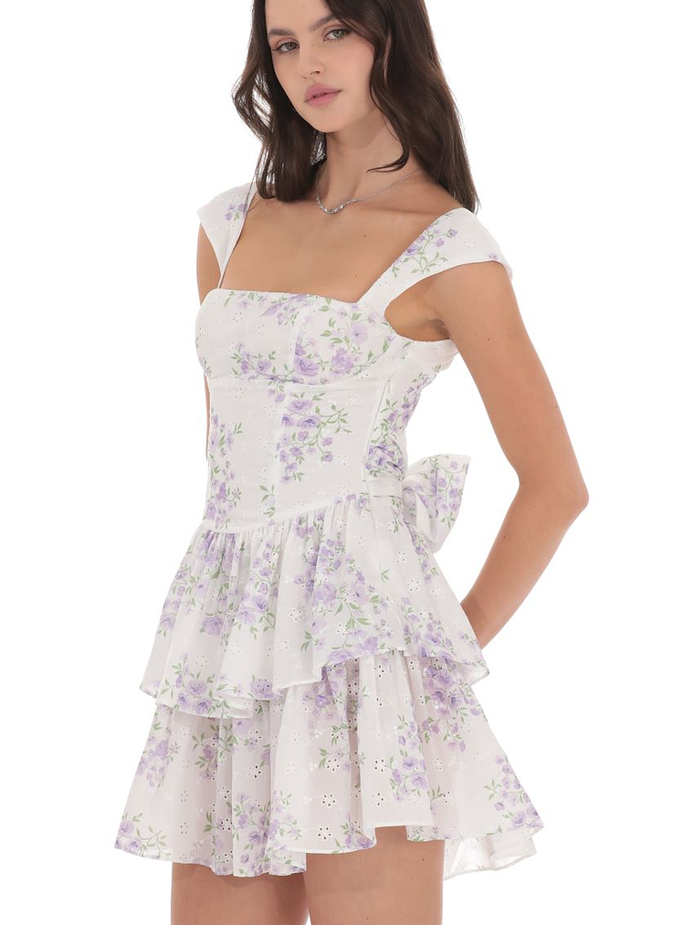 Floral Ruffle Cap Sleeve Dress in White 3