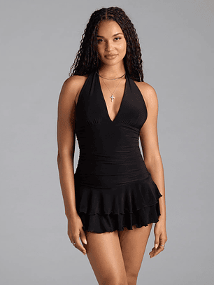 Golden Nights Halter Ruffle Romper