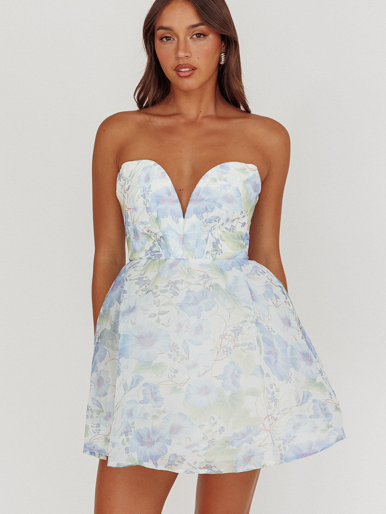 Gem Deep Sweetheart Neckline Mini Dress Floral Blue 1